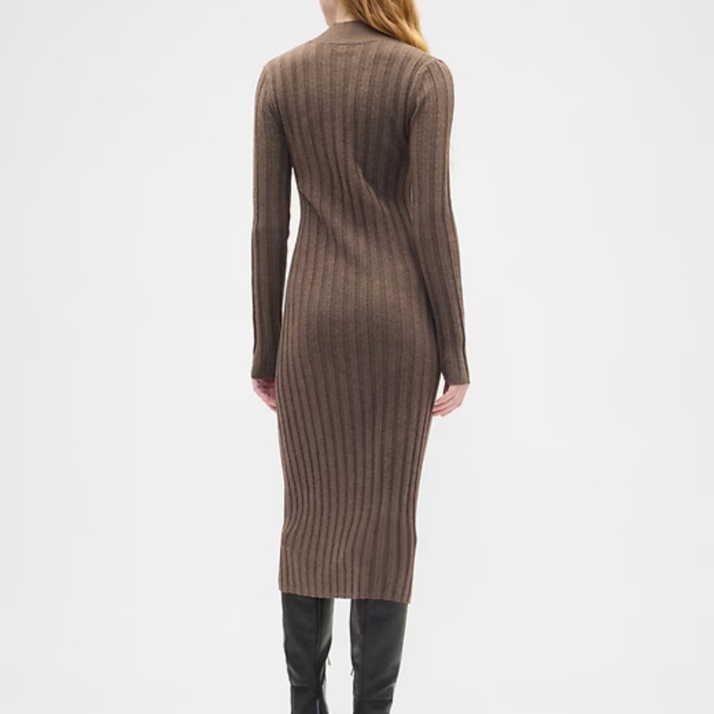 NWT GAP CashSoft Ribbed Mockneck Long Sleeve Brown Midi Medium Dress - Picture 2 of 9